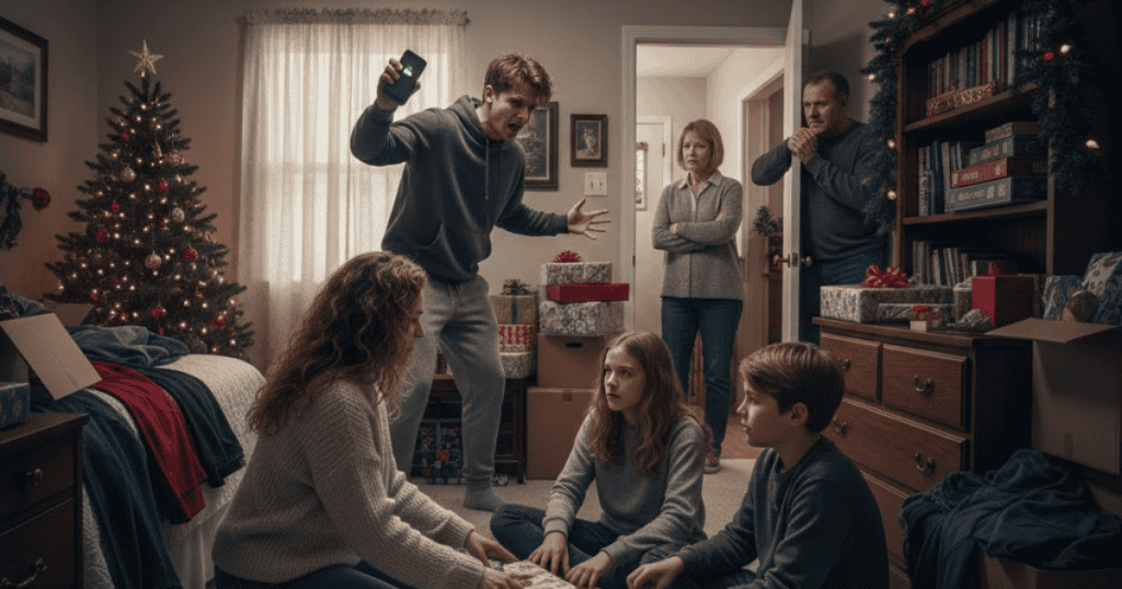 A family in a Christmas-decorated room watches a young man angrily shouting while holding a phone, illustrating the creation of dramatic conflict in a festive setting.