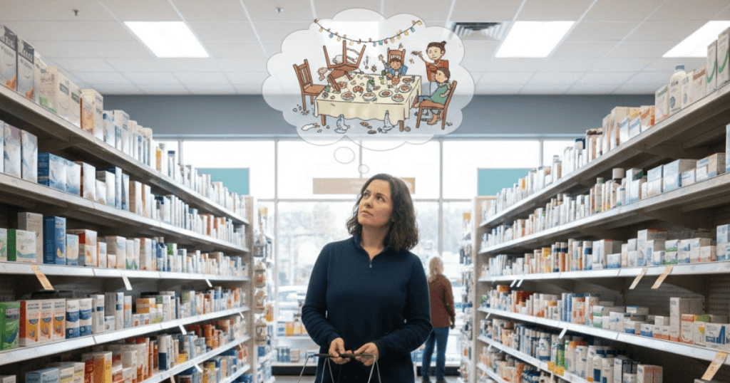 A woman shops in an aisle of a store, deep in thought with a cartoon bubble showing a chaotic dinner; she is distracted by a troubling memory of a recent gathering.