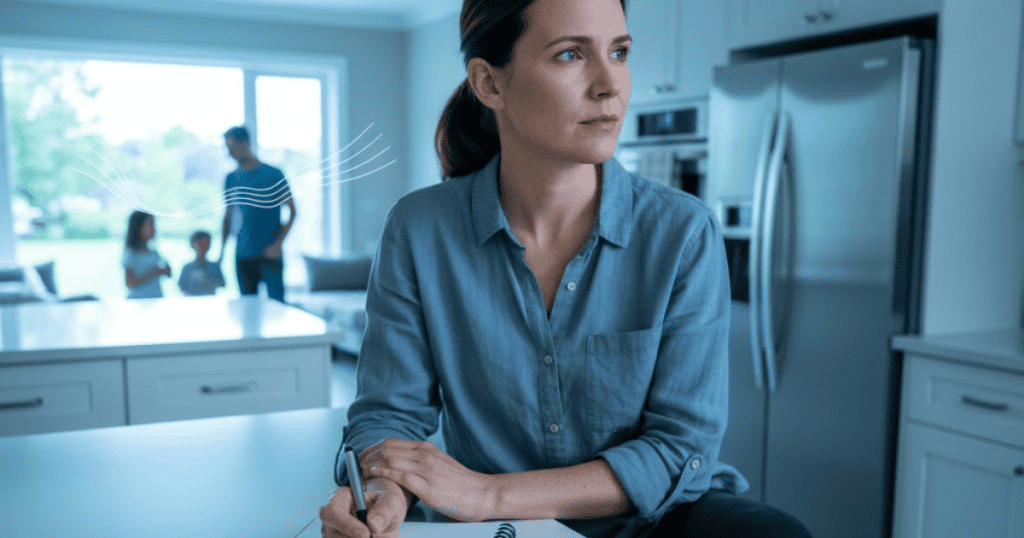 A thoughtful woman sits on a kitchen counter writing in a notebook while a man and children play out of focus in the background; reflecting on patterns helps to clarify the boundaries needed for effective change.