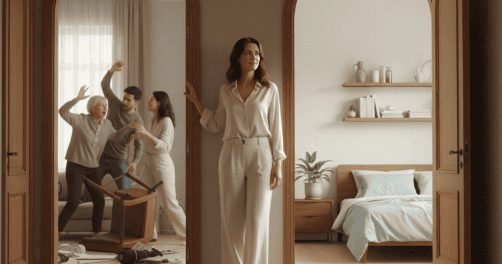 A woman calmly holds a door frame while a chaotic family argument happens behind her; maintaining composure is a powerful reaction to others' drama.