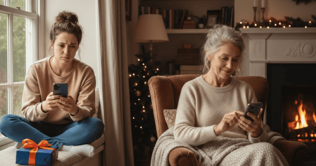 A younger woman sits on a window seat looking upset at her phone with a wrapped gift nearby, while an older woman smiles looking at her own phone, hinting at the potential for gifts to be used as tools of influence.