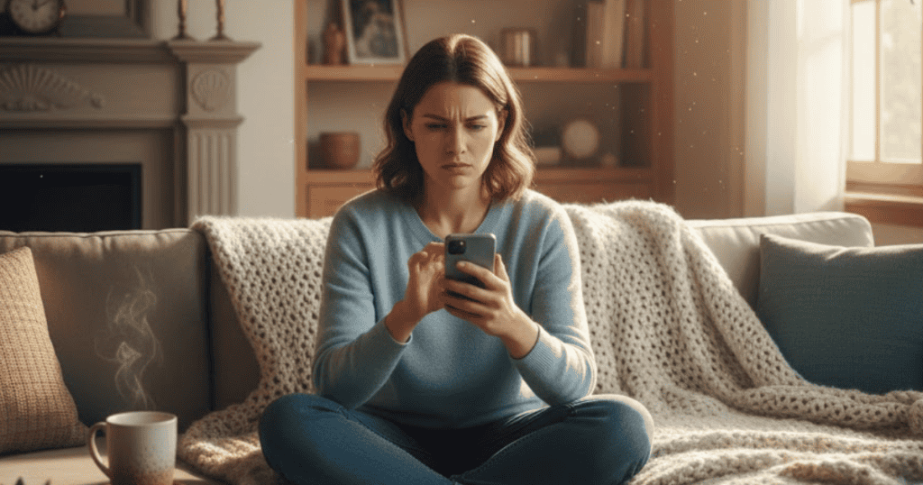 A concerned woman sits on a sofa looking down at her phone; she is receiving messages that keep her tethered to a previous connection.