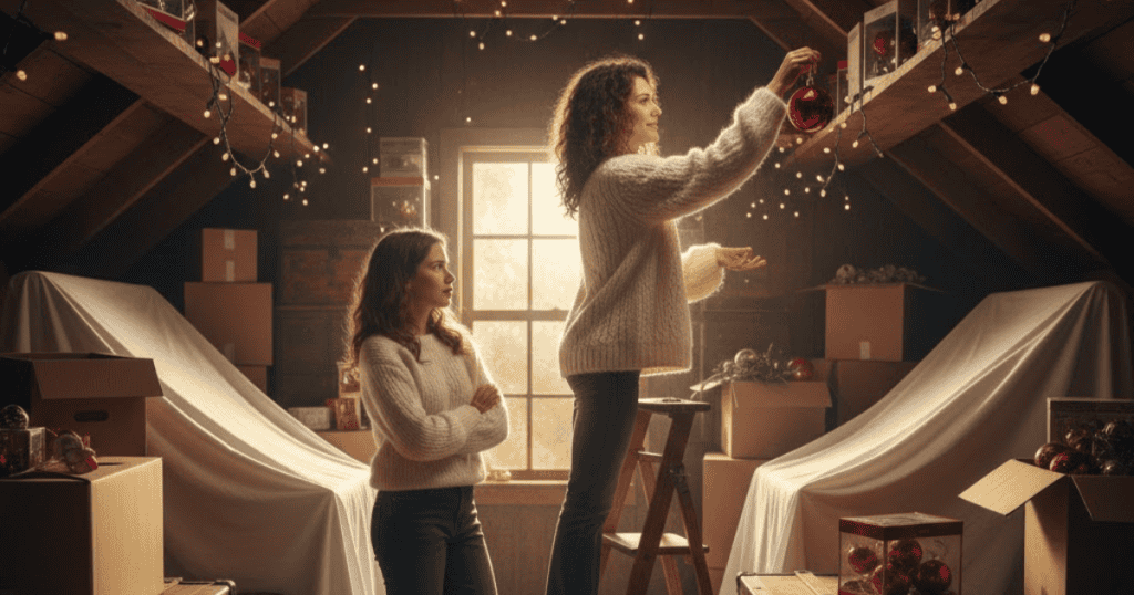 Two women are putting up Christmas lights and ornaments in an attic, bathed in warm, glowing light; they are staying focused on their pleasant task and not responding to negativity.