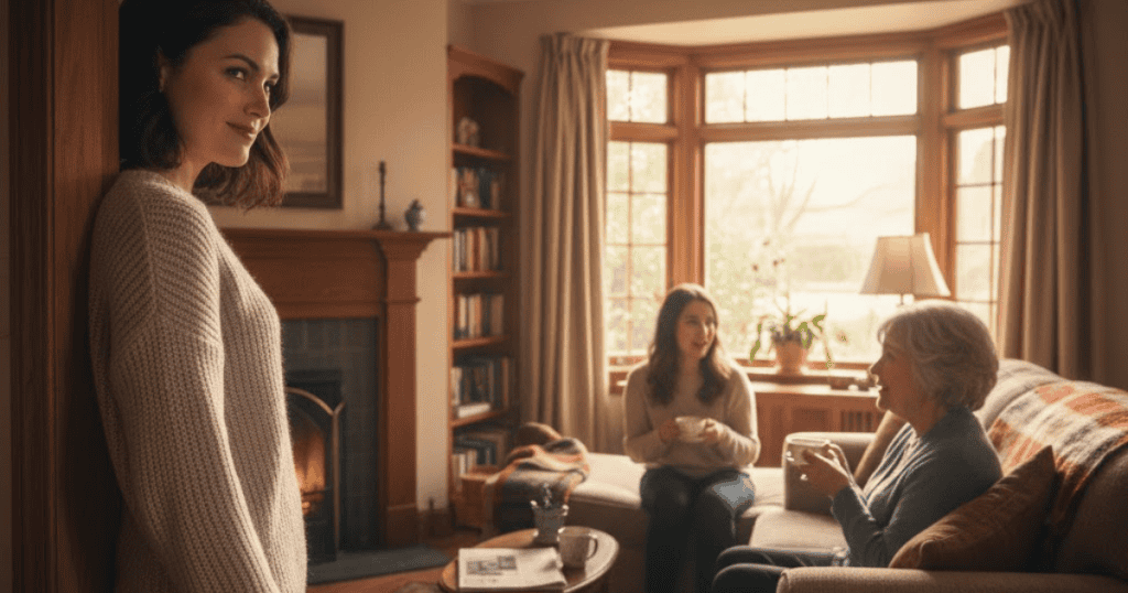 A woman leans against a doorway with a guarded smirk while watching two others converse warmly in the distance, hinting at a hidden reality that contradicts the peaceful domestic scene.