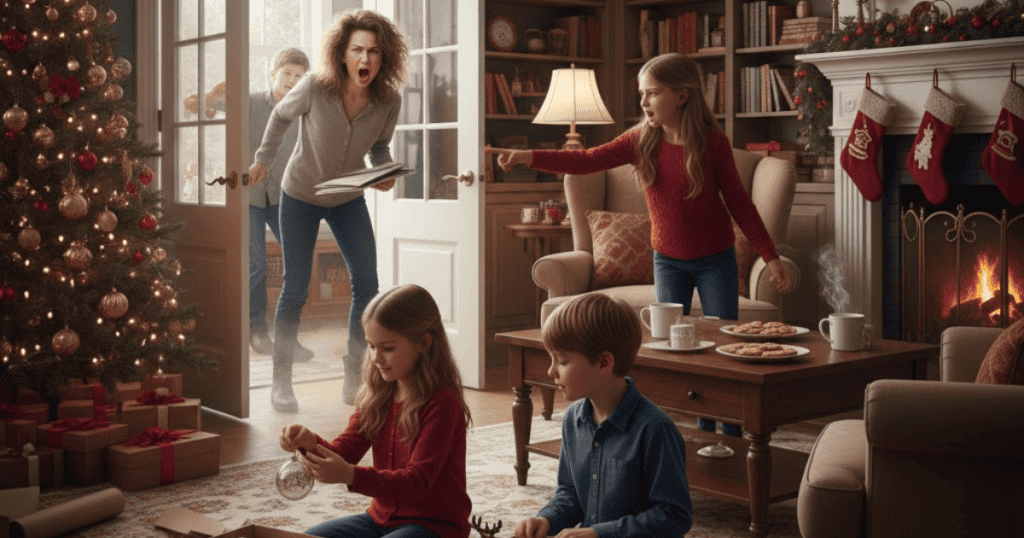 Children are quietly decorating and having cookies in a cozy, decorated living room, while an angry woman yells from the doorway with another child next to her; the tranquil setting is suddenly shattered by a disproportionate outburst.