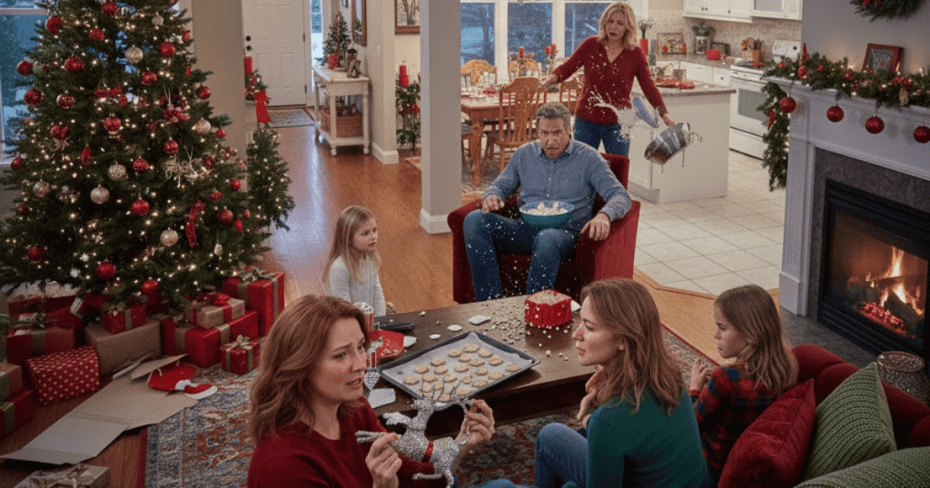 In a busy living room with a Christmas tree, a woman throws a pot of liquid while others are focused on unwrapping or decorating, highlighting the use of disruption to center oneself in the moment.