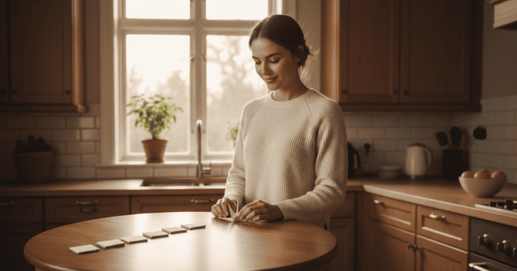 A woman in a white sweater stands in a bright kitchen, arranging small green cards on a wooden table; she is setting up a calculated sequence of actions.