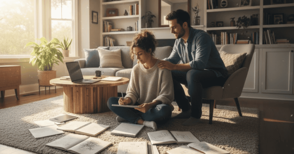 A couple is sitting together on the floor while looking at notebooks and a laptop; their intense focus on shared work suggests an attempt to re-establish intimacy and control the relationship's appearance.