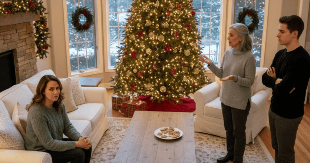 A woman sits observing two standing family members who are engaged in a tense conversation near a Christmas tree, capturing an overall feeling of emotional manipulation and discomfort during a festive gathering.