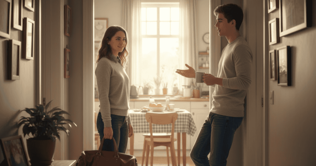 A young couple is talking in a brightly lit hallway near a kitchen; one person is seeking information about the other's day.