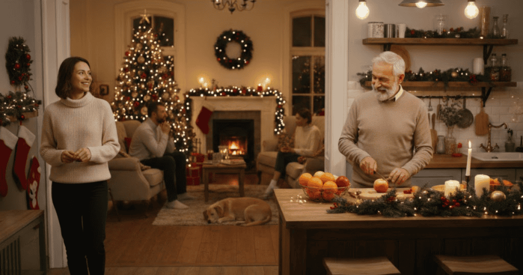 A woman is smiling as she steps out of a living room scene where others are relaxing by the fireplace; she is freely choosing where she spends her time for her own comfort.