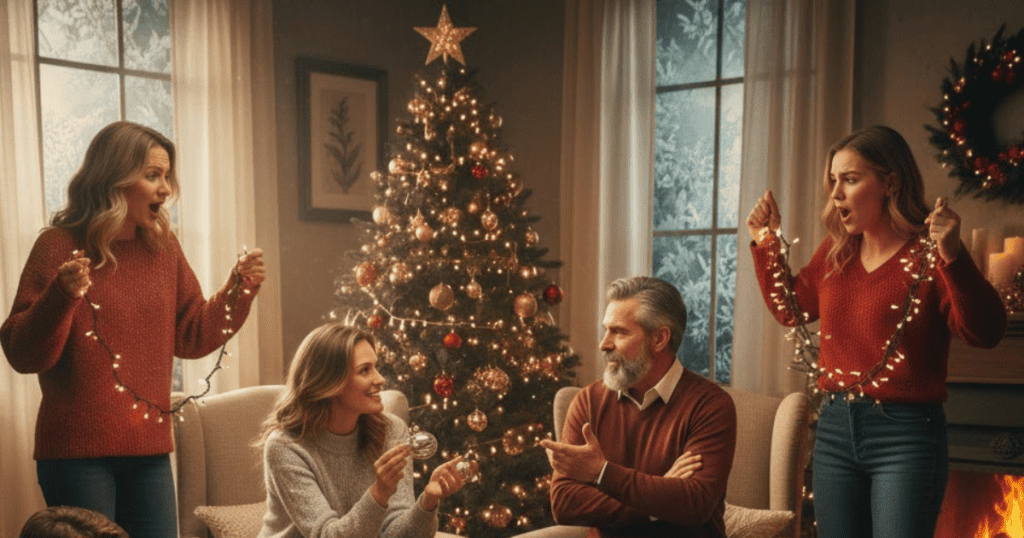 Two smiling women hold strands of decorative lights and sing while a man and a woman in the center look at an ornament and quietly exchange words near a large Christmas tree; a difference in interpretation about past events is subtly emerging within the group.