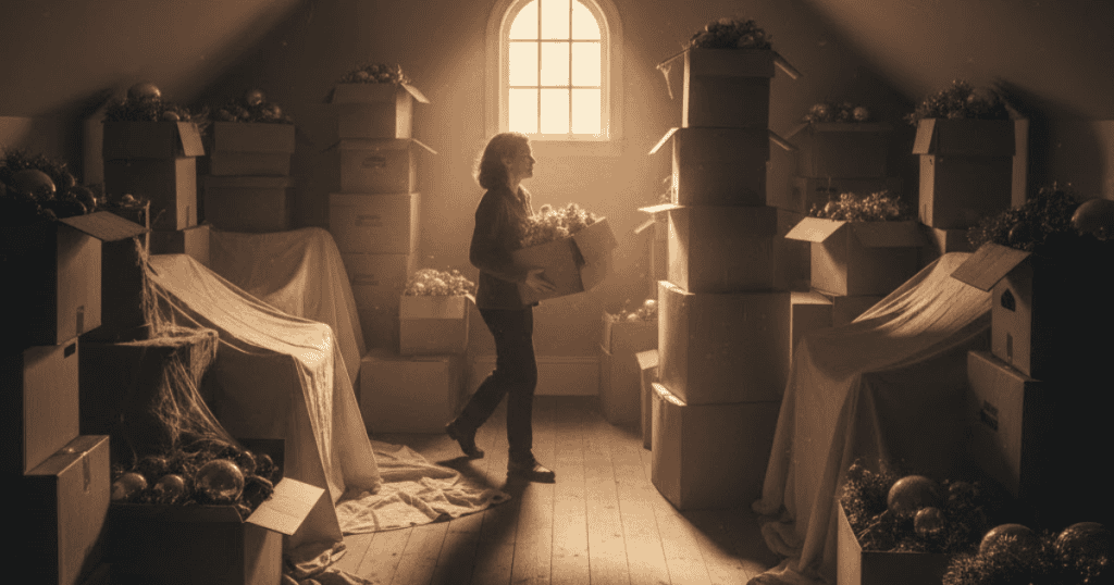 A woman walks through a dusty attic filled with boxes and holiday decor, carrying a container of ornaments; she is focused on putting things away and restoring order.