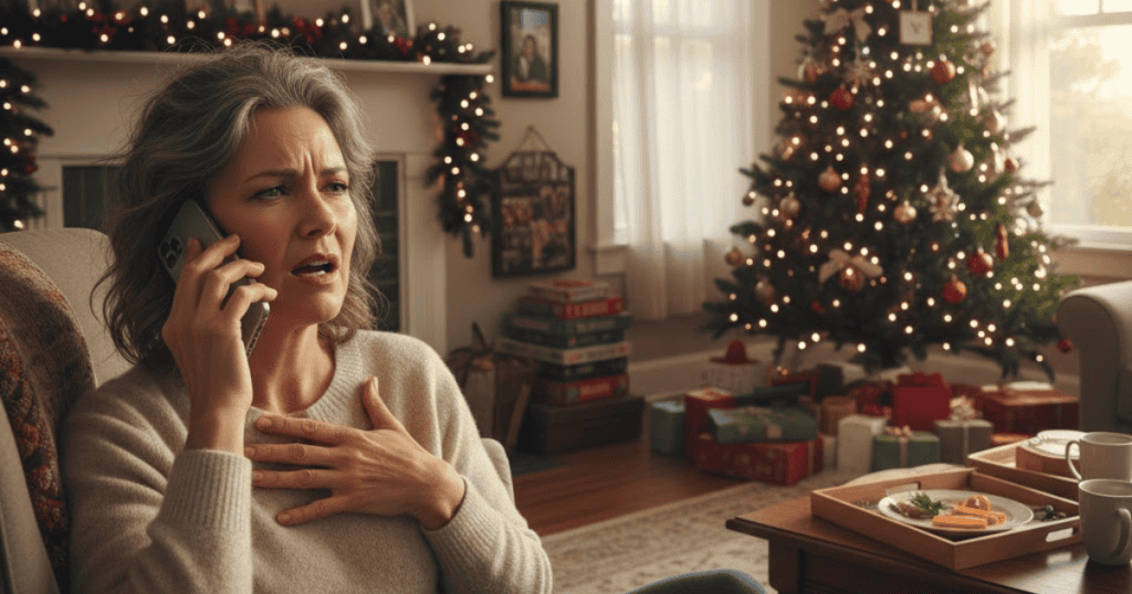 A gray-haired woman sits in an armchair by a Christmas tree, speaking on a cell phone with a distressed expression and a hand on her chest, representing the use of emotional obligations to exert control.
