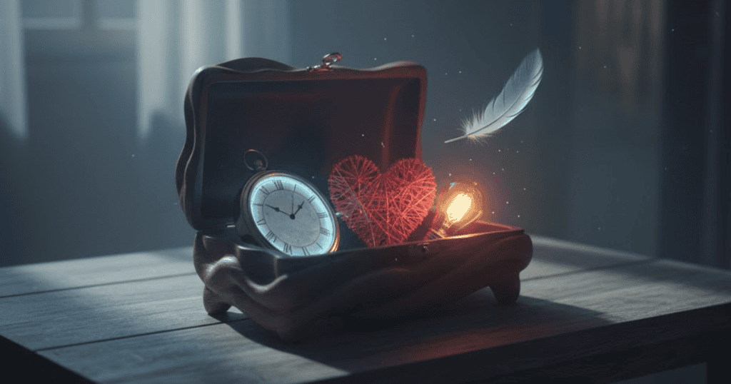 An open, small wooden chest holds a pocket watch, a glowing light bulb, a fuzzy red heart shape, and a floating feather; these valuable things are often lost in damaging relationships.