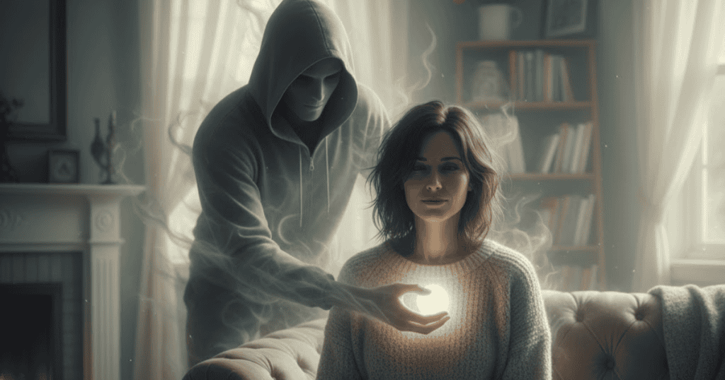 A smiling woman sits on a couch as a shadowy, hooded figure reaches to take a glowing orb from her; some internal light sources are impossible for outside forces to extinguish.