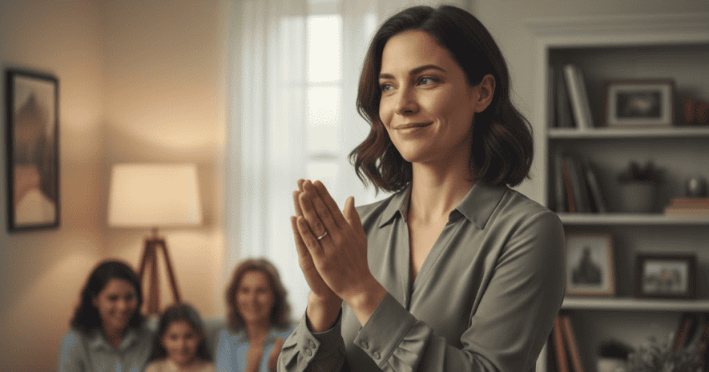 A woman in a green shirt is smiling while performing a slow clap with people blurred in the background; this gesture suggests a deliberate and understated reaction to someone's performance.