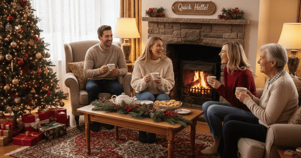 A family is happily gathered in a living room near a Christmas tree, enjoying tea and conversation; they are making the most of their time together, which can be scheduled in manageable segments.