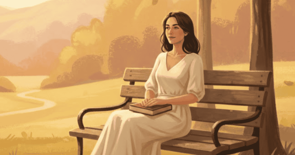 A woman in a white dress sits relaxed on a park bench at sunset, reading a book; her peaceful self-possession communicates an effective strategy for handling a challenging person non-verbally.