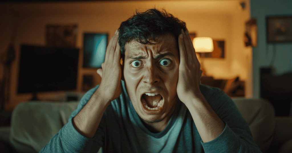 A man sits in a dimly lit room with his hands clutching his head and his mouth wide open in a panicked scream, illustrating the internal chaos that ensues when a carefully constructed ego begins to unravel.