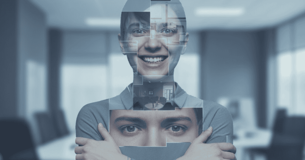 A composite image overlays fragmented facial and domestic scenes onto a woman in a power stance, suggesting that internal conflict can often be revealed through physical form.