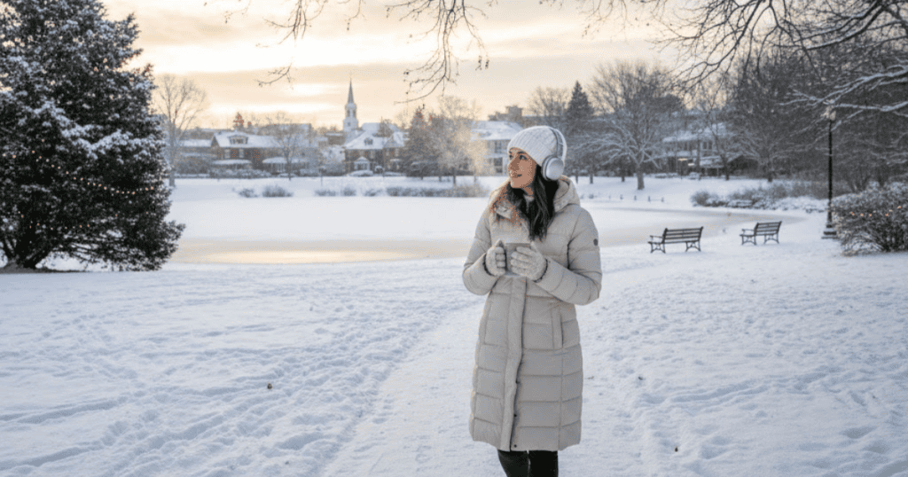 A woman is walking outdoors in the snow, wearing headphones and holding a cup of warm drink, looking contemplative; she is making sure to prioritize her return to a state of calm following a social event.