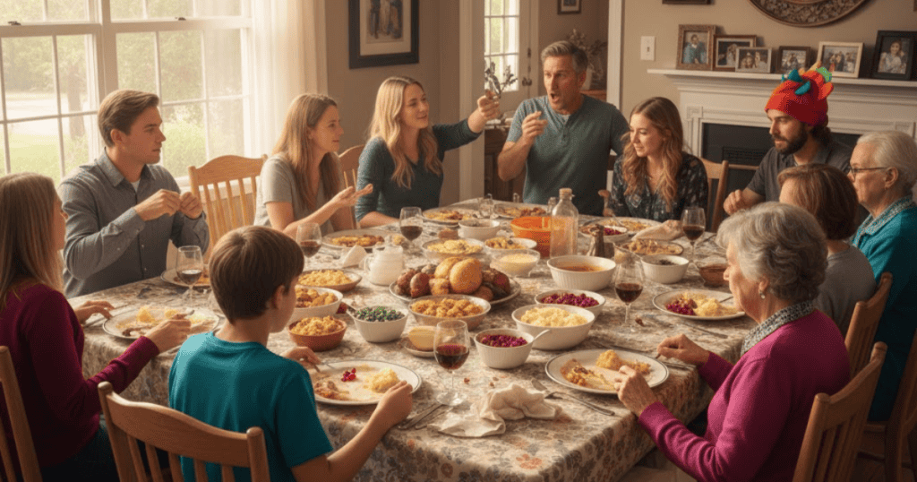 A large family gathers around a crowded dining table for a holiday meal, while animated conversations begin to dominate the room.