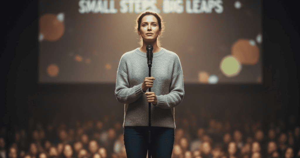 A woman stands on a stage holding a microphone, addressing a dark audience with a screen behind her; finding your voice is a process of small, public steps.