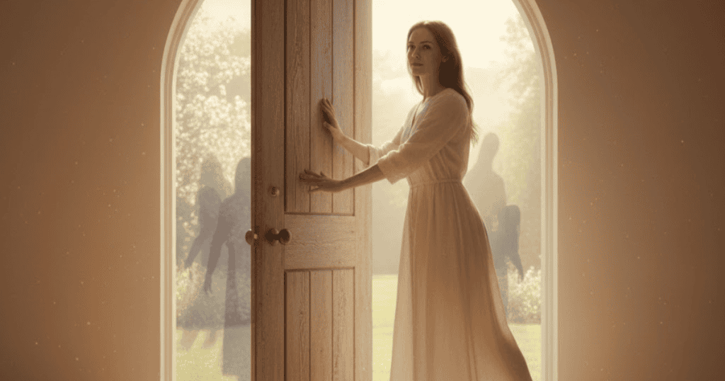 A woman in a white dress opens a wooden door to a sunny garden as shadowy figures linger in the doorway; establishing boundaries is the first move in reclaiming your space and peace.