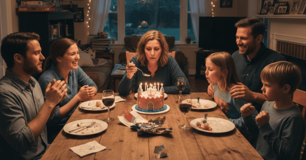 A mother leans in to blow out the candles on a pink castle cake meant for a child, asserting herself as the center of attention during someone else's moment.