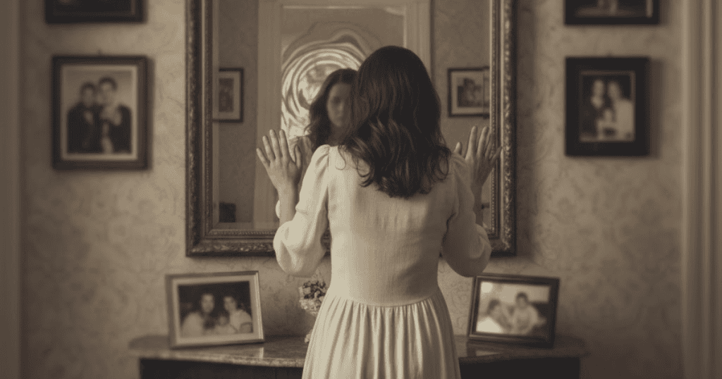 A woman in a dress is shown looking at her blurred reflection in a mirror, facing an internal struggle where her own perception is manipulated.