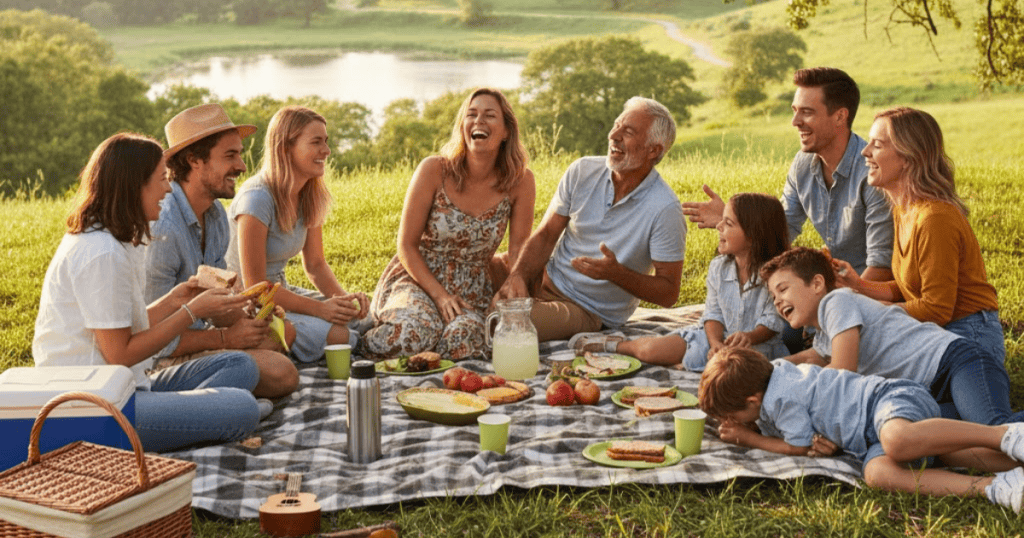 A large family shares laughter during a sunny outdoor picnic, finally enjoying a gathering defined by genuine connection rather than underlying tension.