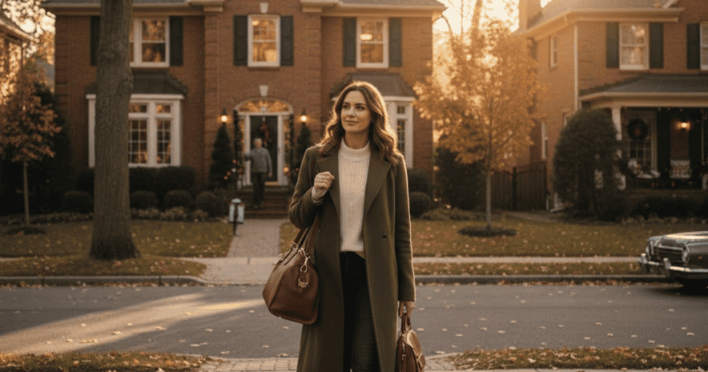 A woman confidently walks away from a festively decorated house, carrying two large bags, symbolizing the need for preparation and a clear exit strategy for difficult visits.