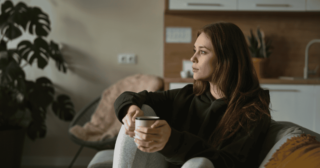 A woman sits alone with a distant stare and a cup in her hands, reflecting how narcissists isolate you until you feel completely alone.