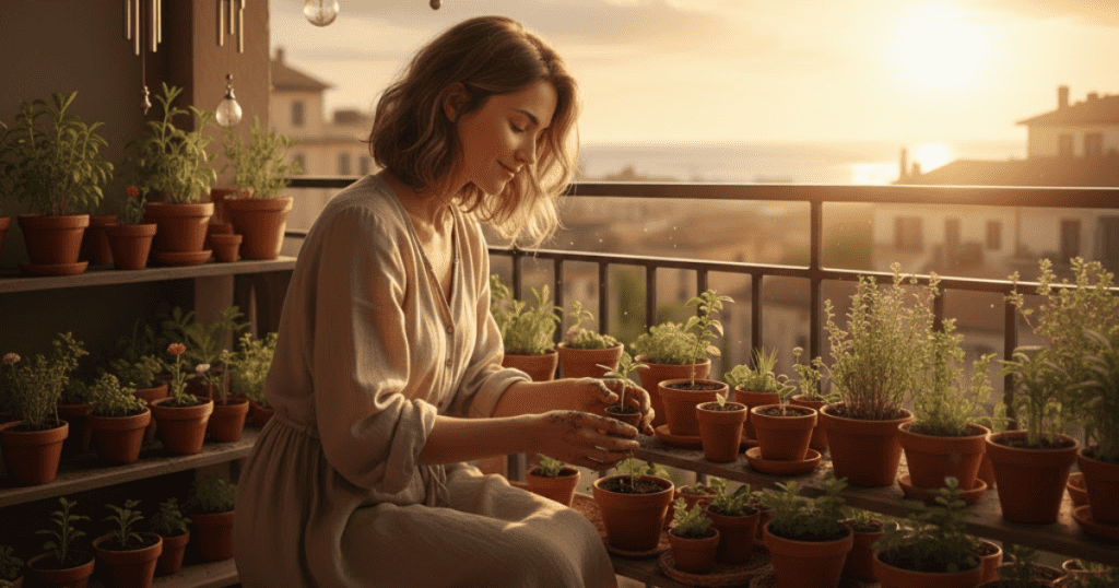 A woman tends to potted plants on a sunny balcony garden; cultivating a new life requires dedicated self-care and attention.
