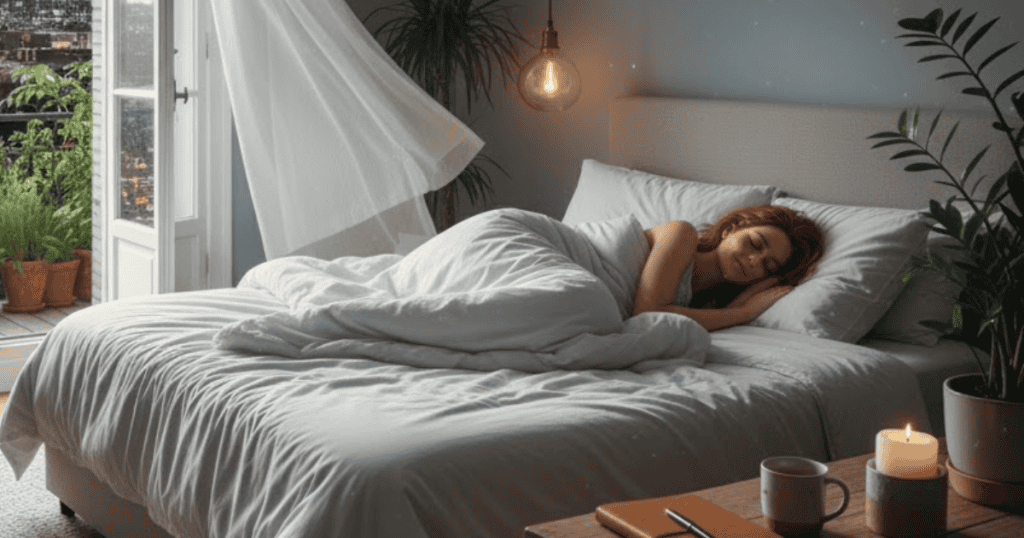 A woman is sleeping peacefully in a bright, airy bedroom with a gentle breeze coming through an open door; she appears to have found peace in her nocturnal solitude.