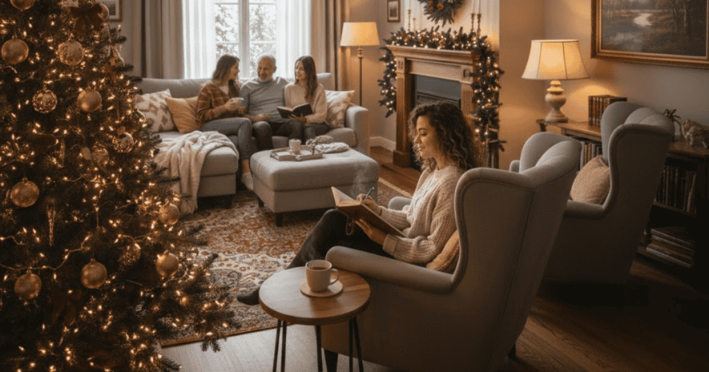 A woman is reading a book quietly in an armchair in a cozy, decorated living room, while others chat on the sofa behind her; she is taking a moment for herself and choosing a new approach to the family gathering.