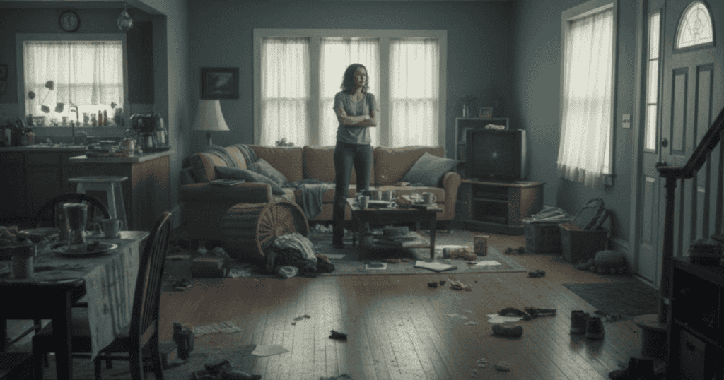 A woman stands in the middle of a cluttered and messy living room with her arms crossed, stuck in a continuously unsettling and disorganized domestic situation.
