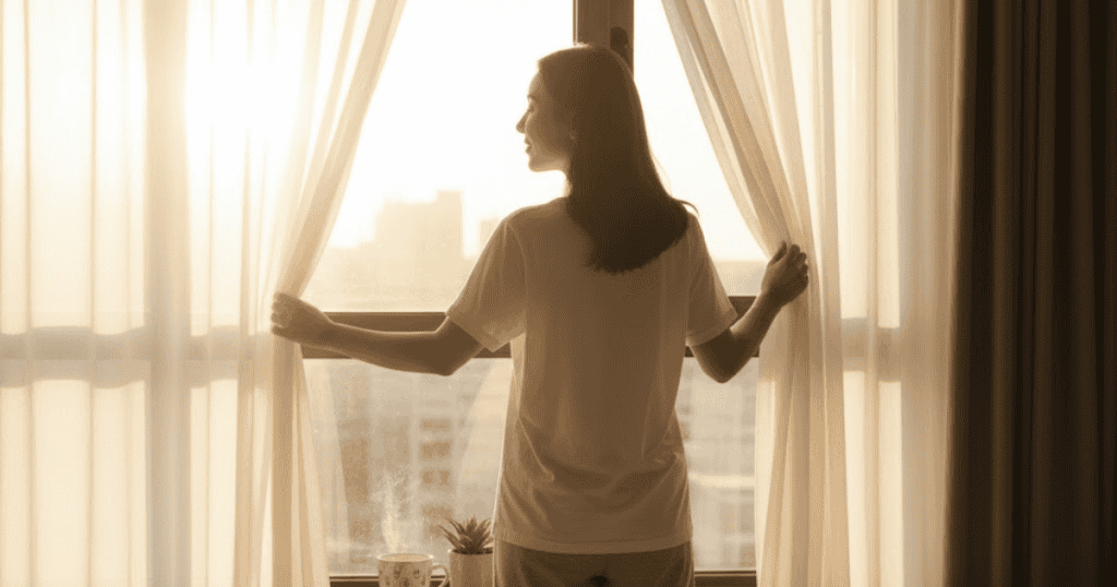 A woman parts white curtains to look out at a bright cityscape at sunrise, stepping into a new day with a newly gained and expansive perspective.