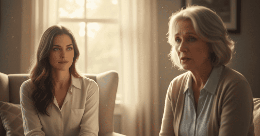 A young woman listens intently as an older woman speaks to her, capturing the quiet tension of an emotionally charged conversation.