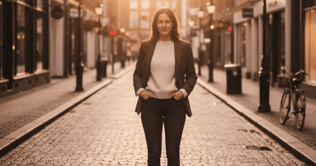 A woman stands confidently in the middle of a city street at sunset, hands in her pockets and a soft smile on her face; her composed presence signals an inner strength that shifts the balance of a dynamic.