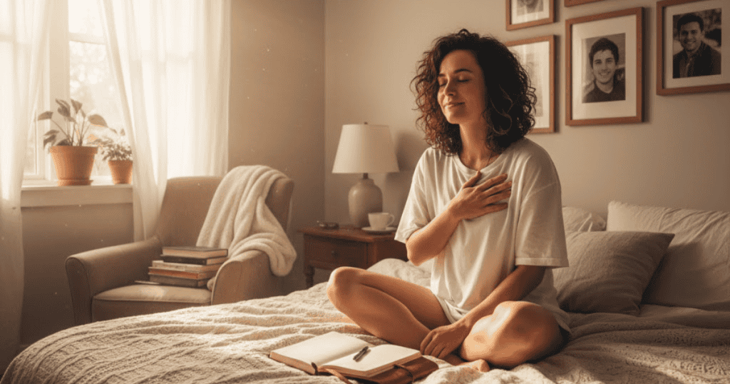 A woman sits cross-legged on a bed with her hand over her heart, eyes closed in serene meditation; the deepest understanding is achieved when you truly connect with your own spirit.