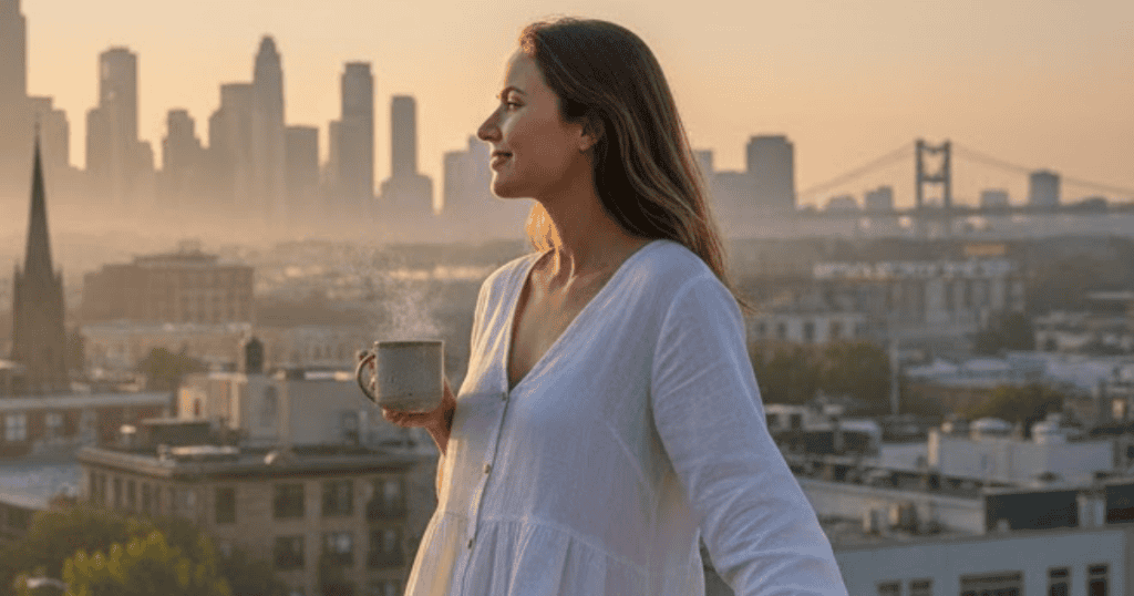 A woman stands on a rooftop enjoying a cup of coffee at sunrise over a city skyline; her thoughtful gaze suggests a newfound clarity.