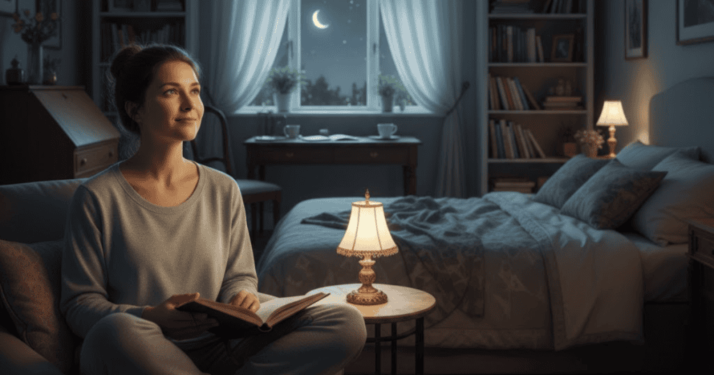 A woman sits cross-legged in her cozy bedroom at night reading a book, finding a moment of clarity that shifts her view of her surroundings.