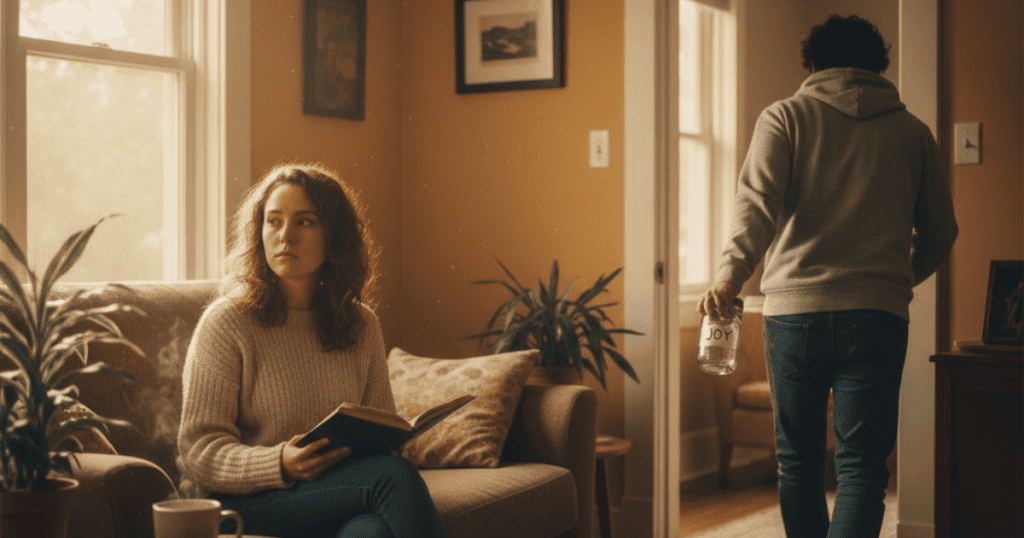 A woman sits on a couch reading a book with a worried expression as a man walks away from her carrying a jar labeled "Joy"; what's taken isn't always something you can physically see.