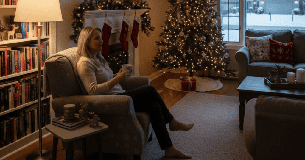 A woman relaxes alone in a cozy chair with a mug by a lit Christmas tree and fireplace, emphasizing the importance of seeking peace amidst stressful times.
