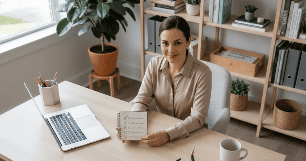 A smiling woman sits at a tidy desk with a laptop and holds up a small checklist notebook; she seems to be diligently working through a tough personal assignment.