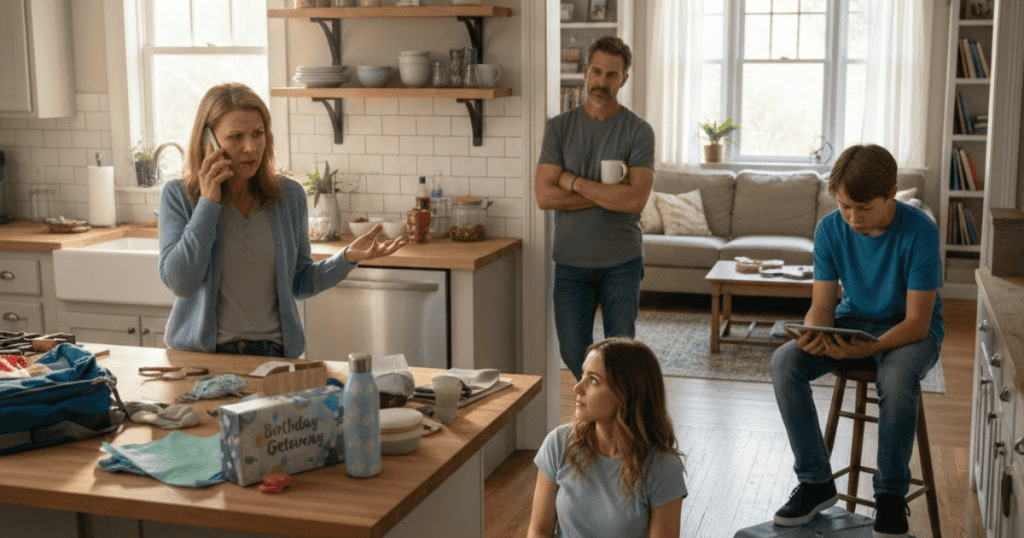 A mother argues on the phone while her family waits with packed luggage, effectively stalling the trip with sudden logistical complications.