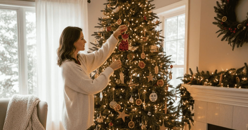 A woman is hanging ornaments on a beautifully decorated Christmas tree, illustrating a feeling of genuine satisfaction and emotional truth in the holiday moments she is experiencing.