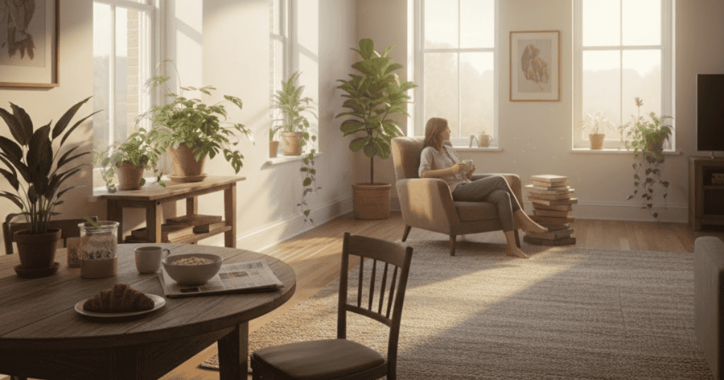 A woman relaxes alone in a sun-drenched living room with a warm drink, reclaiming a sense of calm in her own space.